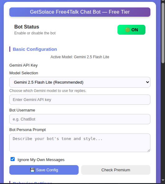Chatbot configuration panel