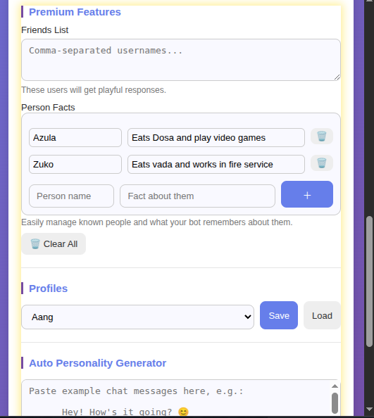 Chatbot options panel